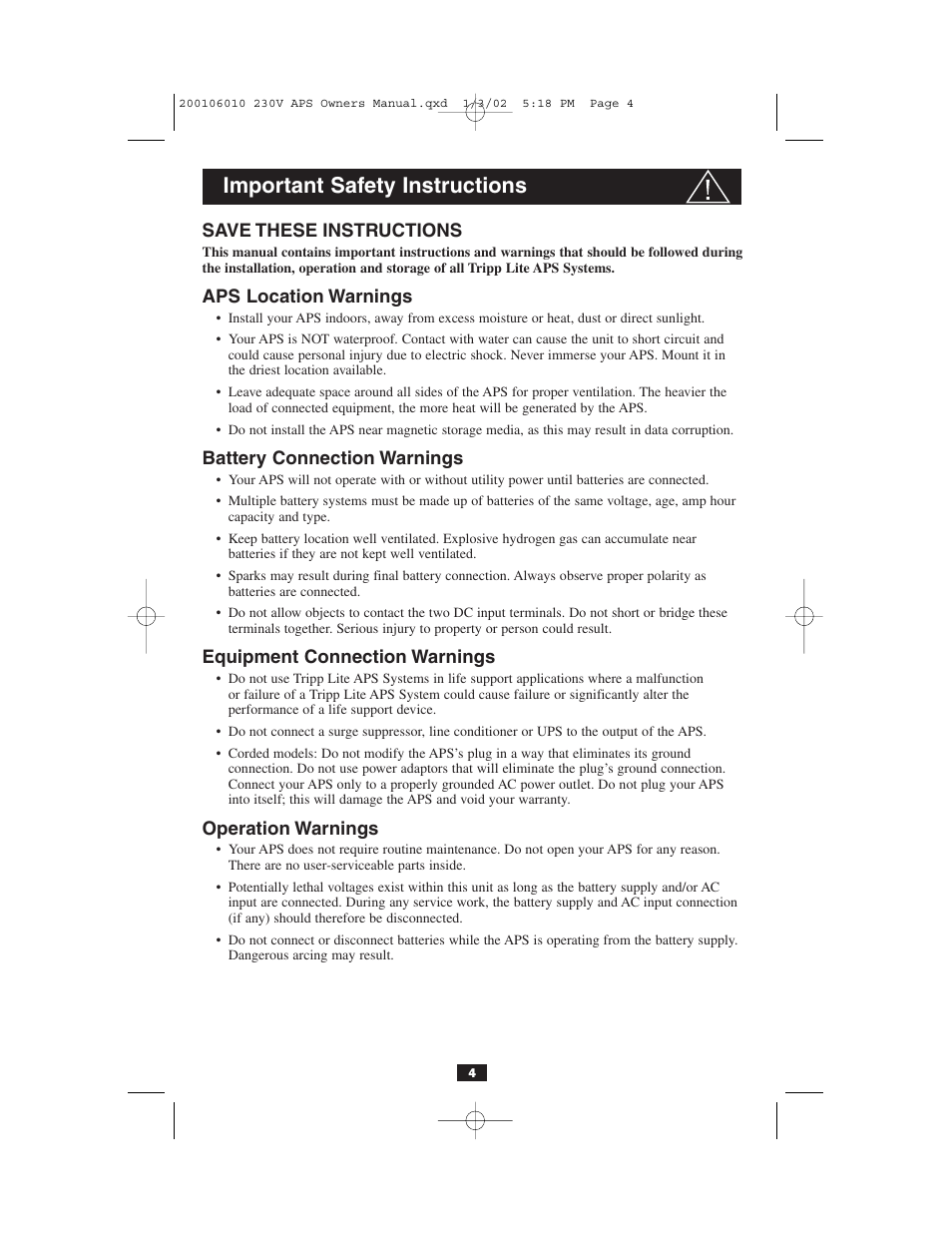 Important safety instructions | Tripp Lite 93-2007 (200106010) User Manual | Page 4 / 22