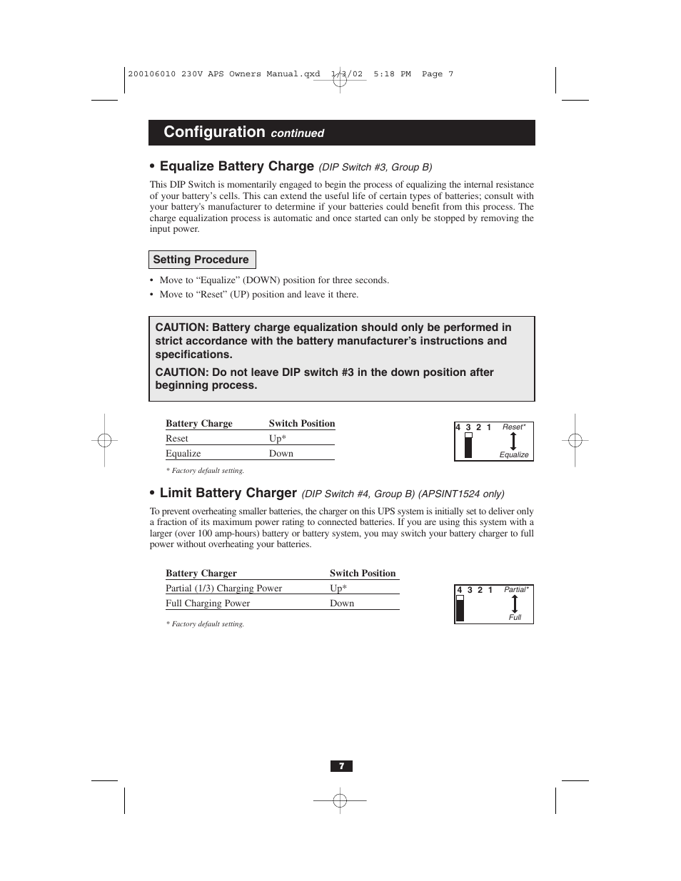 Configuration, Equalize battery charge, Limit battery charger | Tripp Lite 93-2007 (200106010) User Manual | Page 7 / 22