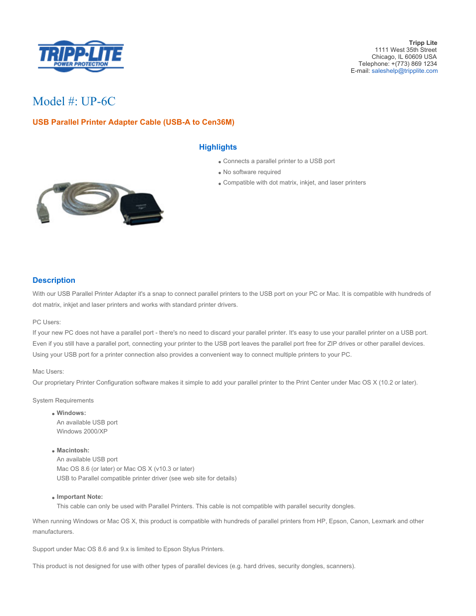 Tripp Lite USB Parallel Printer Adapter Cable UP-6C User Manual | 2 pages