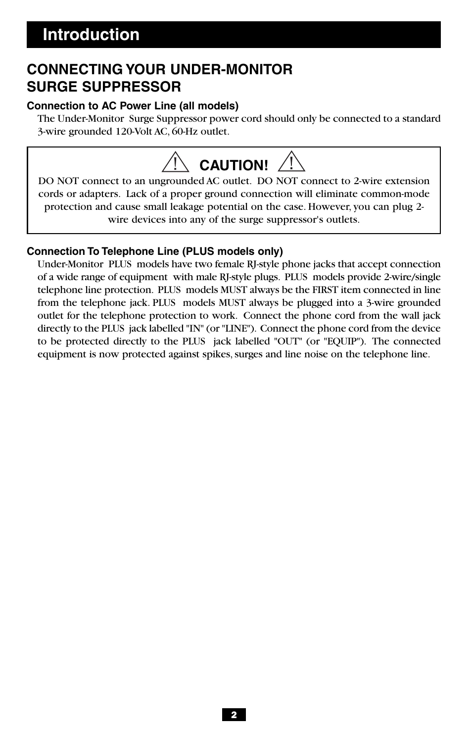 Introduction, Connecting your under-monitor surge suppressor, Caution | Tripp Lite TOUCHMASTER PC 5 User Manual | Page 2 / 8
