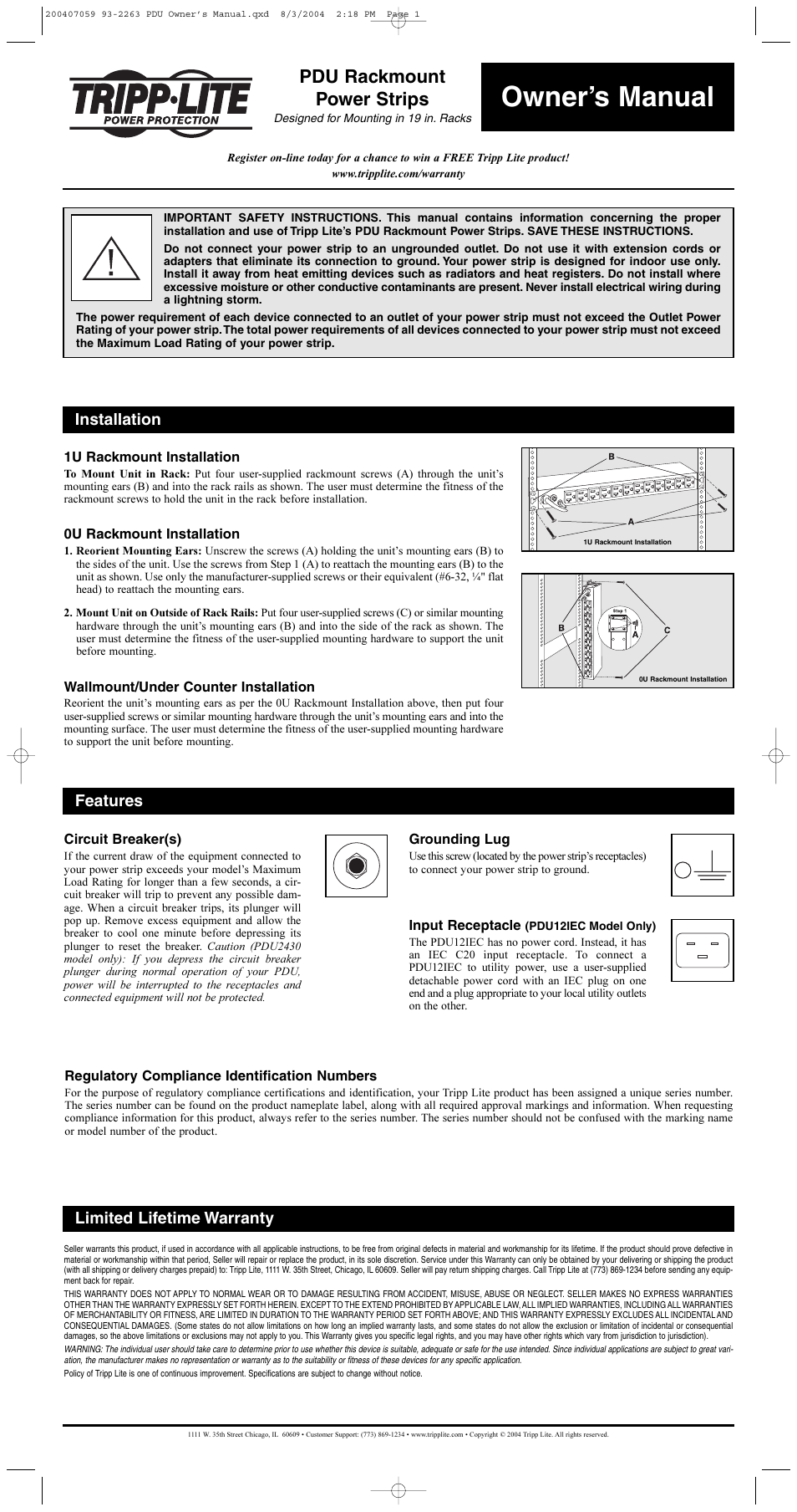 Tripp Lite PDU Rackmount Power Strips User Manual | 3 pages