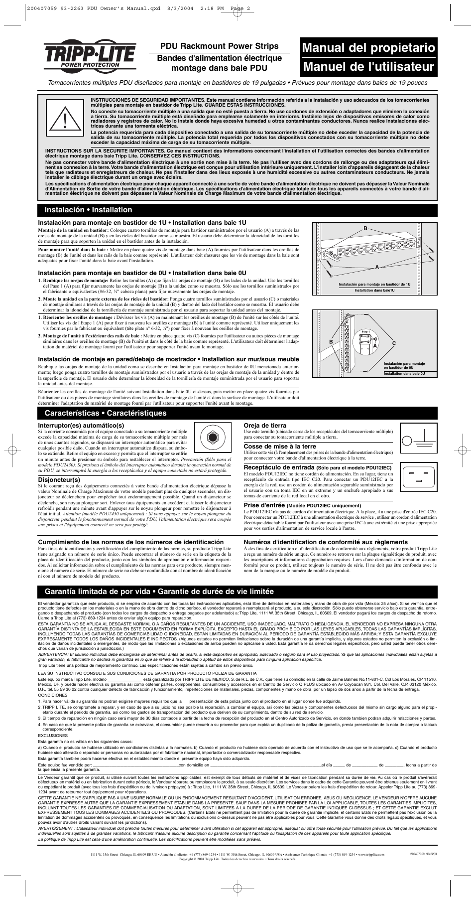 Manual del propietario manuel de l'utilisateur, Características • caractéristiques, Instalación • installation | Tripp Lite PDU Rackmount Power Strips User Manual | Page 2 / 3