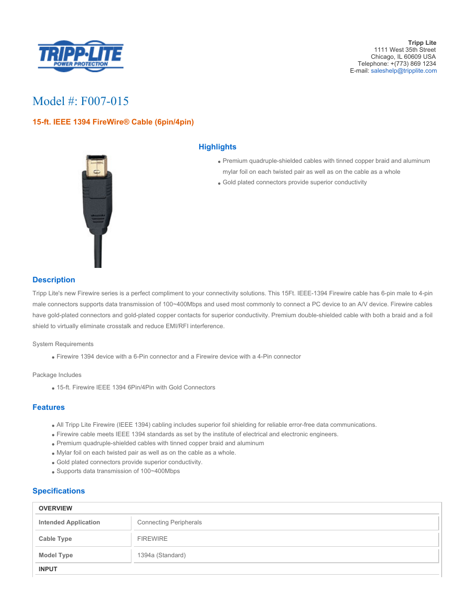 Tripp Lite f007-015 User Manual | 2 pages