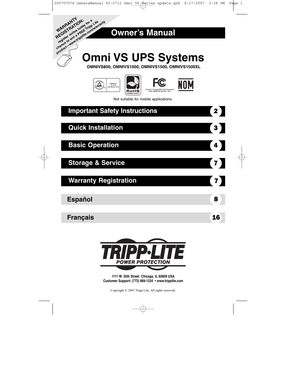 Tripp Lite Omni VS UPS Systems OMNIVS1500 User Manual | 24 pages