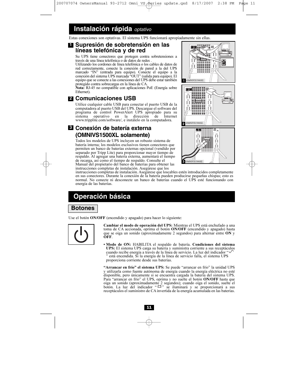 Operación básica, Instalación rápida, Comunicaciones usb | Botones | Tripp Lite Omni VS UPS Systems OMNIVS1500 User Manual | Page 11 / 24