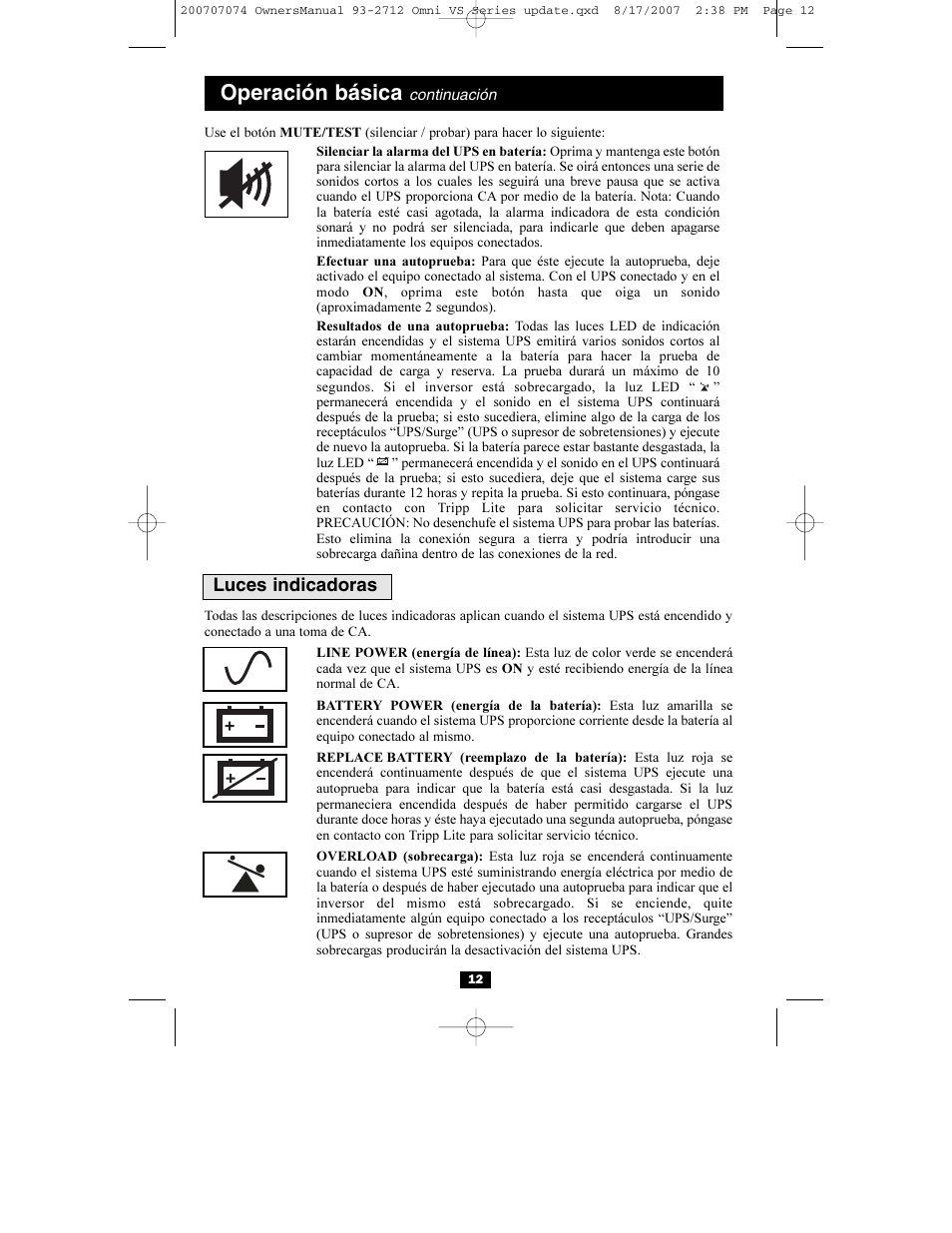 Operación básica, Luces indicadoras | Tripp Lite Omni VS UPS Systems OMNIVS1500 User Manual | Page 12 / 24