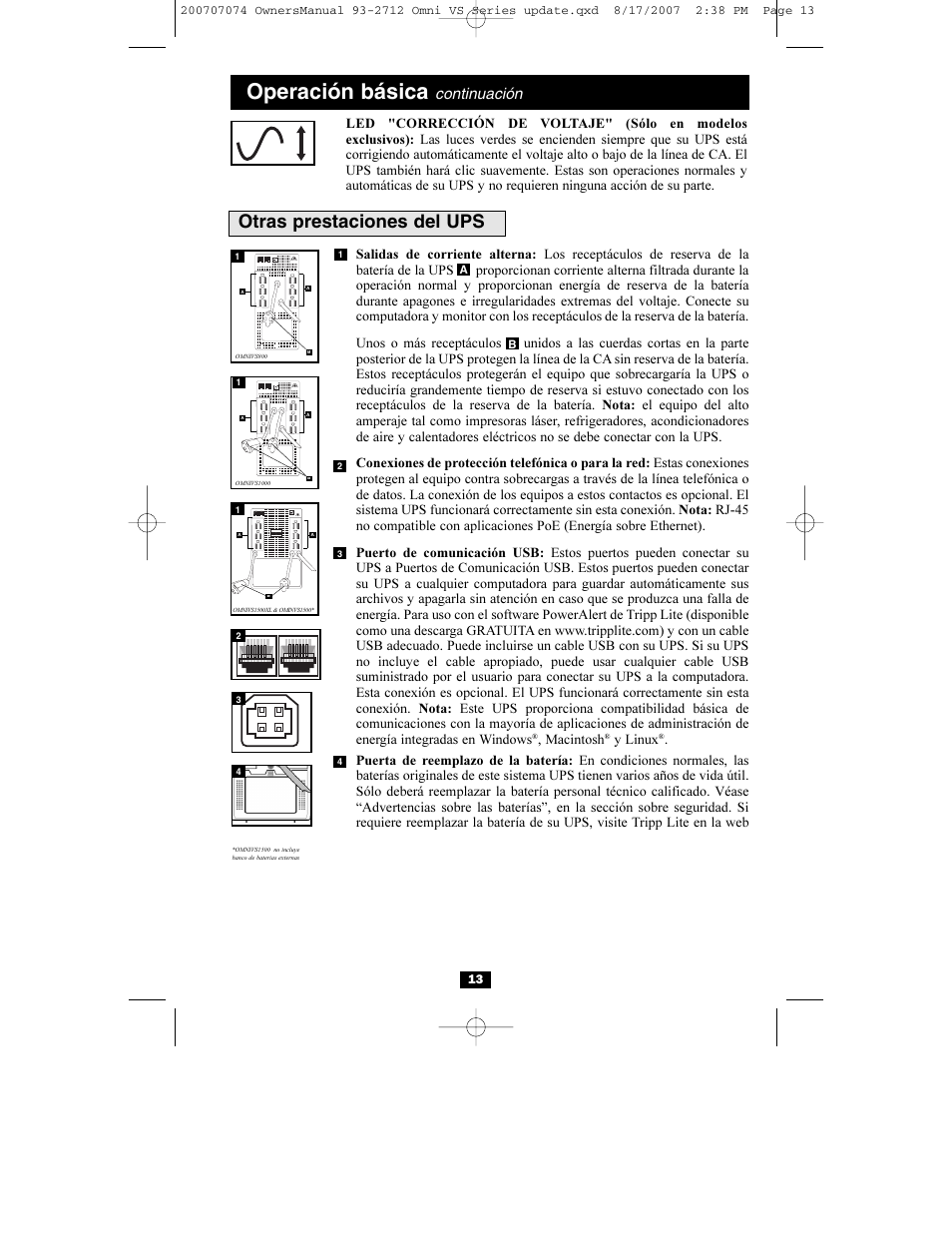 Operación básica, Otras prestaciones del ups, Continuación | Macintosh, Y linux, Norm delay | Tripp Lite Omni VS UPS Systems OMNIVS1500 User Manual | Page 13 / 24