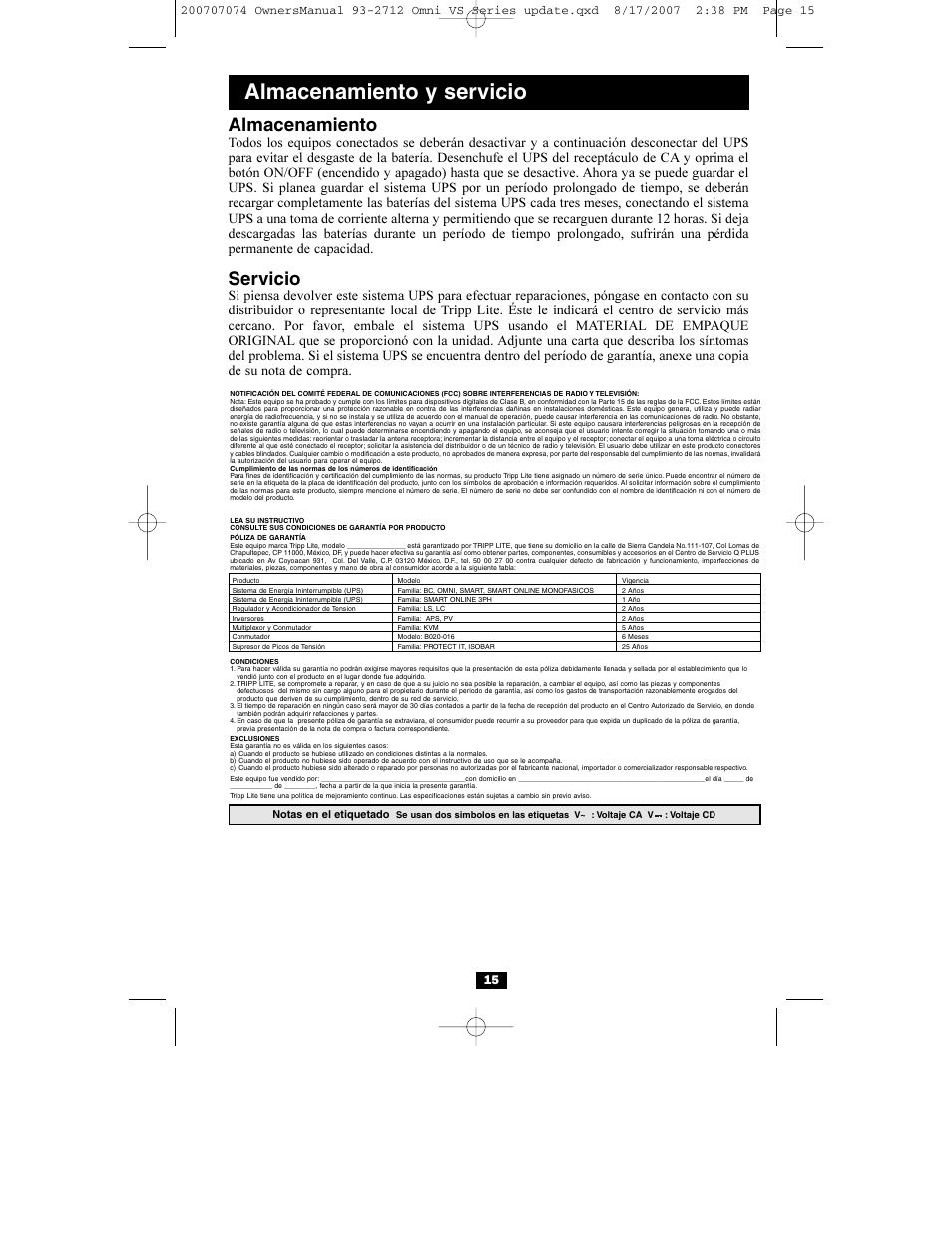 Almacenamiento y servicio, Almacenamiento, Servicio | Tripp Lite Omni VS UPS Systems OMNIVS1500 User Manual | Page 15 / 24