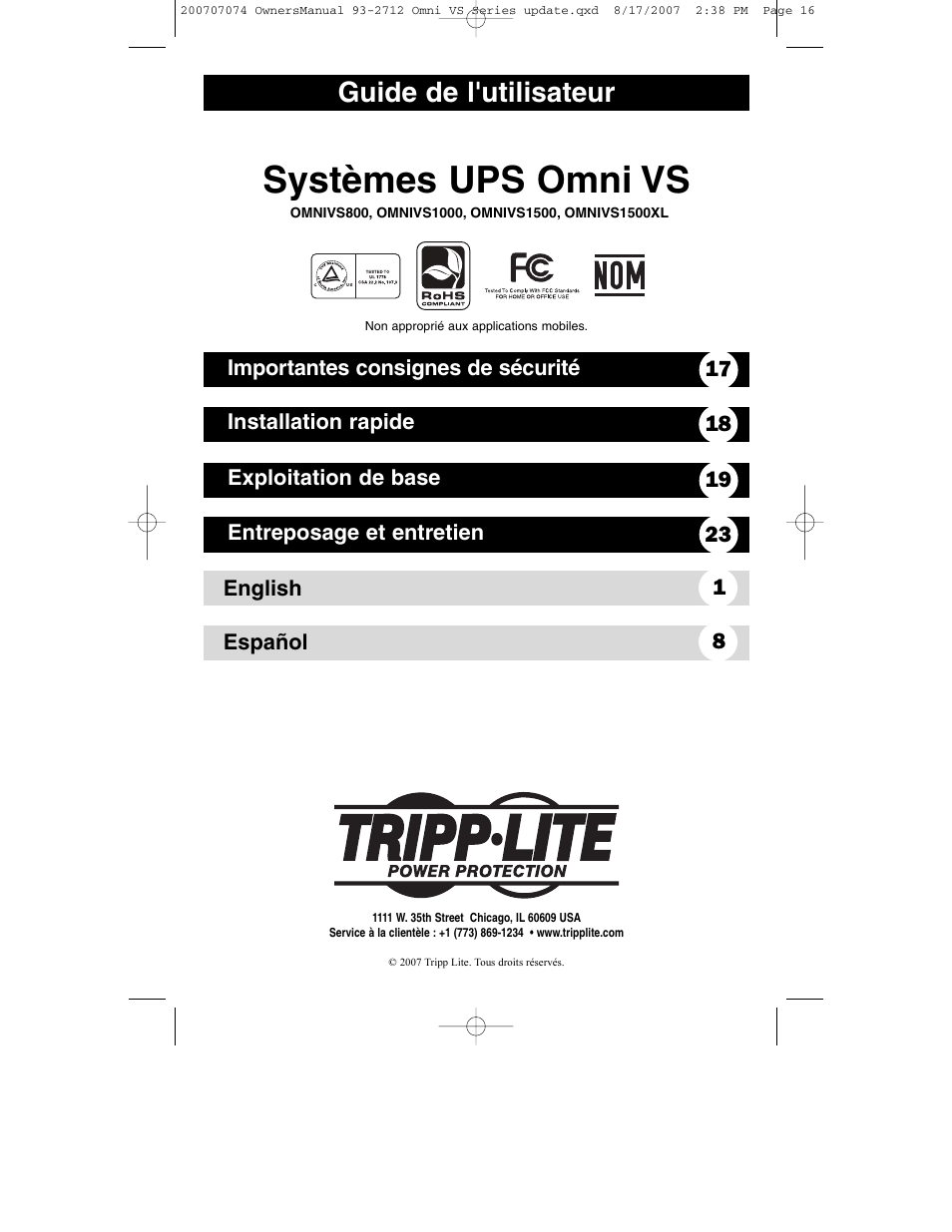 Systèmes ups omni vs, Guide de l'utilisateur | Tripp Lite Omni VS UPS Systems OMNIVS1500 User Manual | Page 16 / 24