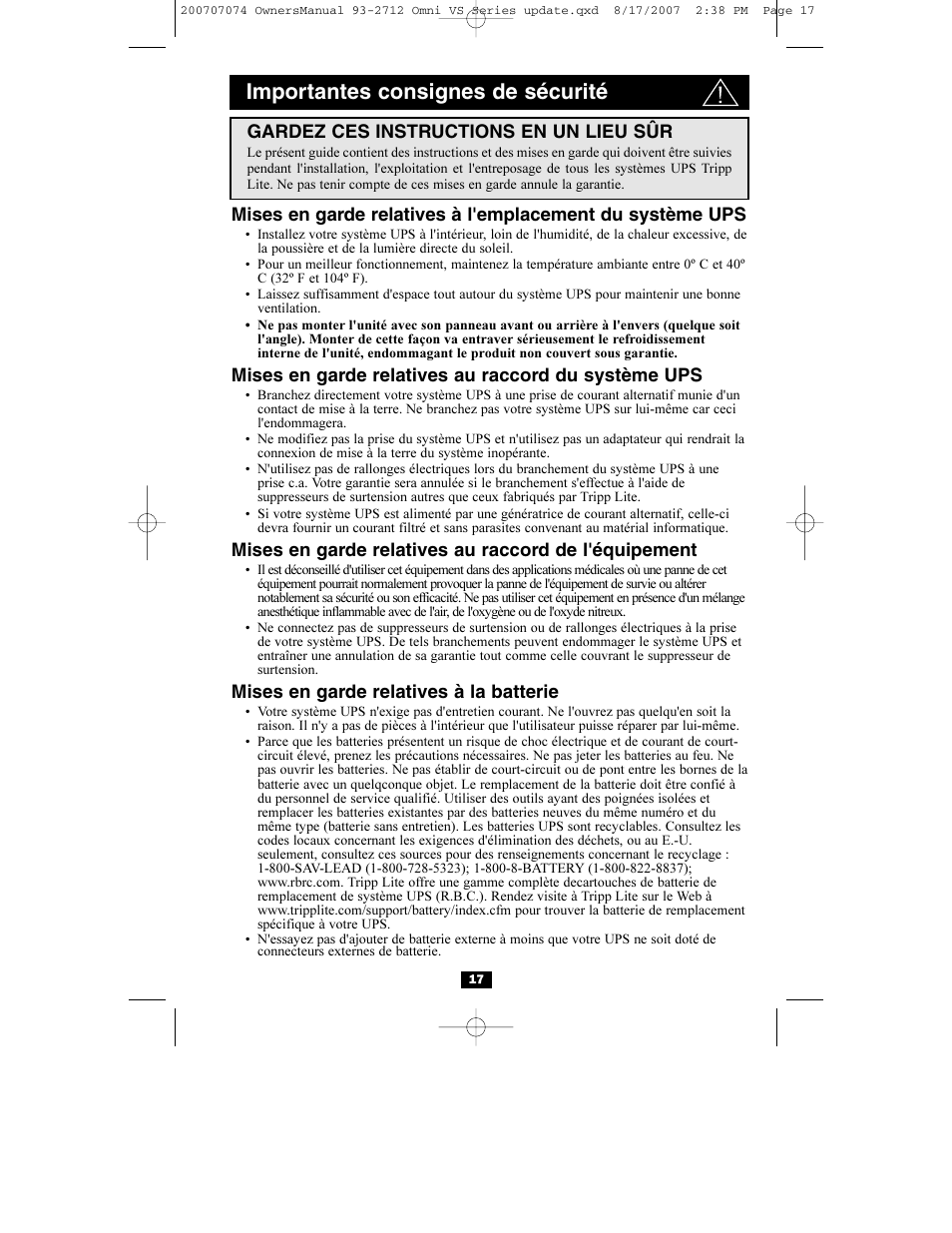 Importantes consignes de sécurité | Tripp Lite Omni VS UPS Systems OMNIVS1500 User Manual | Page 17 / 24