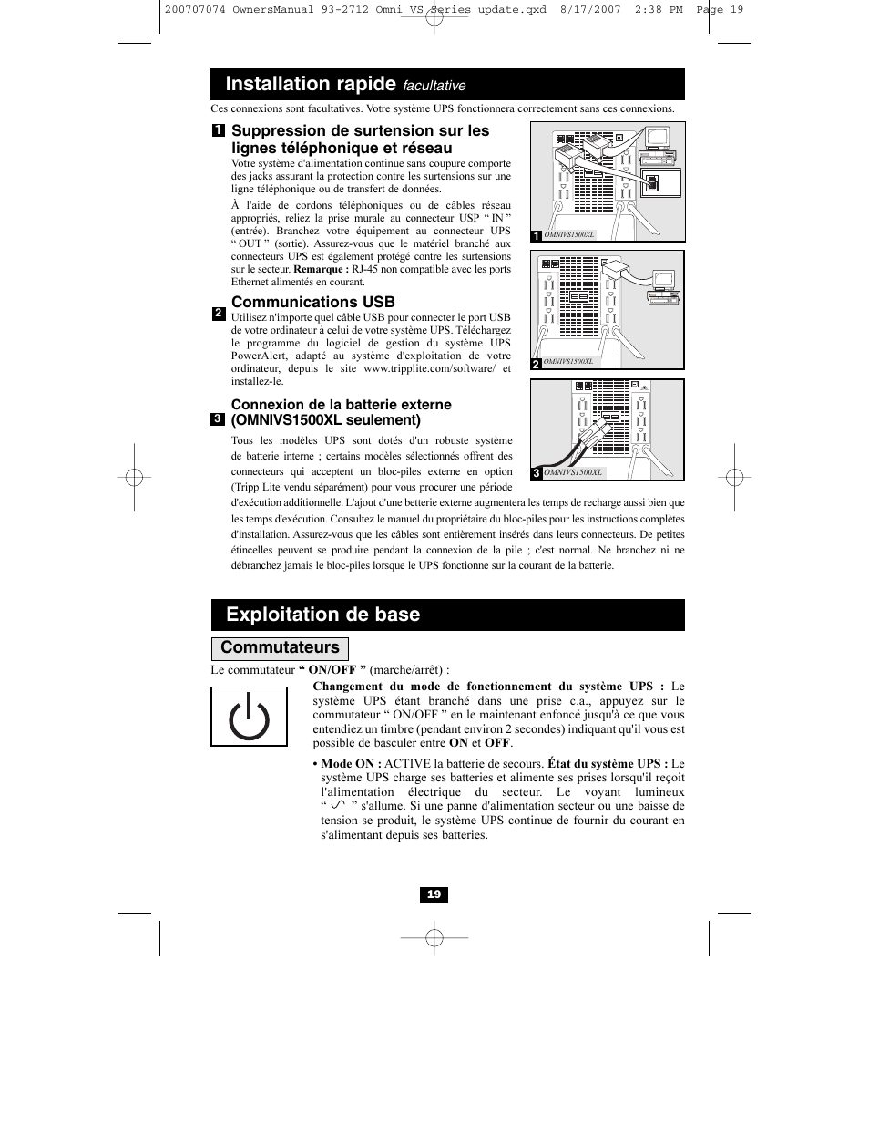 Exploitation de base, Installation rapide, Commutateurs | Communications usb | Tripp Lite Omni VS UPS Systems OMNIVS1500 User Manual | Page 19 / 24