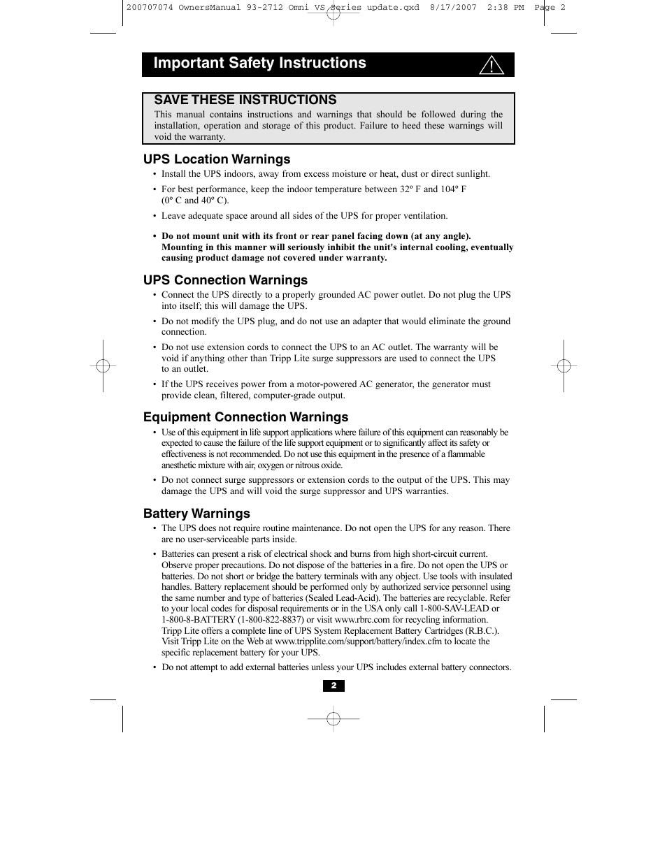 Important safety instructions | Tripp Lite Omni VS UPS Systems OMNIVS1500 User Manual | Page 2 / 24