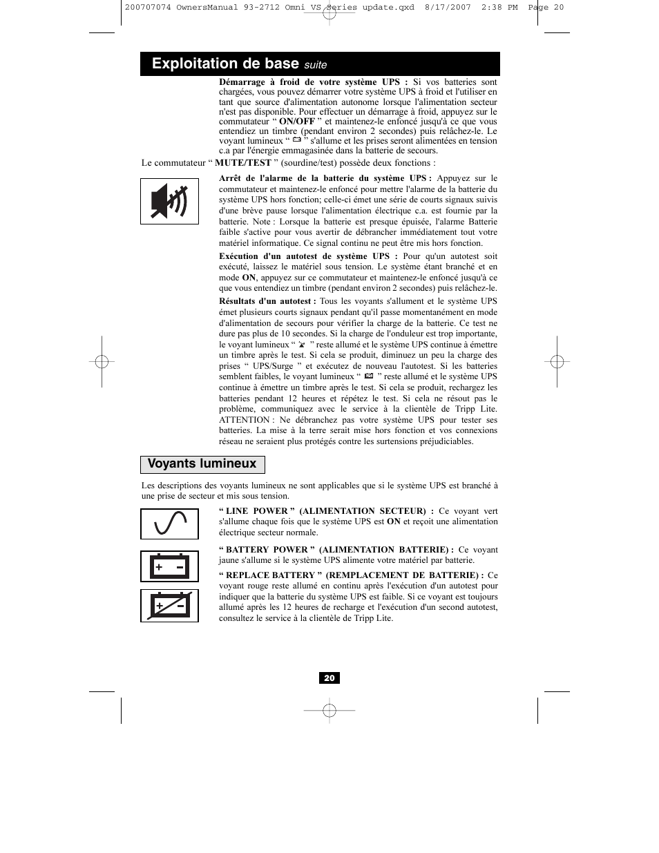 Exploitation de base, Voyants lumineux | Tripp Lite Omni VS UPS Systems OMNIVS1500 User Manual | Page 20 / 24
