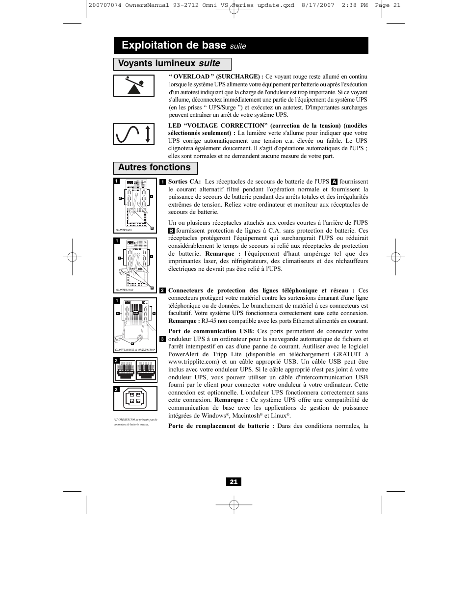 Exploitation de base, Autres fonctions, Voyants lumineux | Suite, Norm delay | Tripp Lite Omni VS UPS Systems OMNIVS1500 User Manual | Page 21 / 24