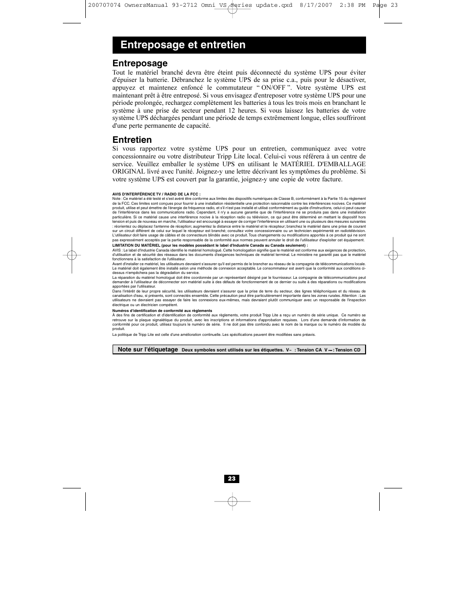 Entreposage et entretien, Entreposage, Entretien | Tripp Lite Omni VS UPS Systems OMNIVS1500 User Manual | Page 23 / 24