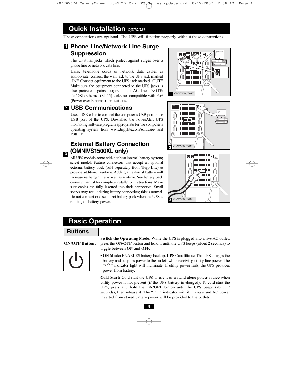 Quick installation, Basic operation, Phone line/network line surge suppression | Usb communications, External battery connection (omnivs1500xl only), Buttons | Tripp Lite Omni VS UPS Systems OMNIVS1500 User Manual | Page 4 / 24