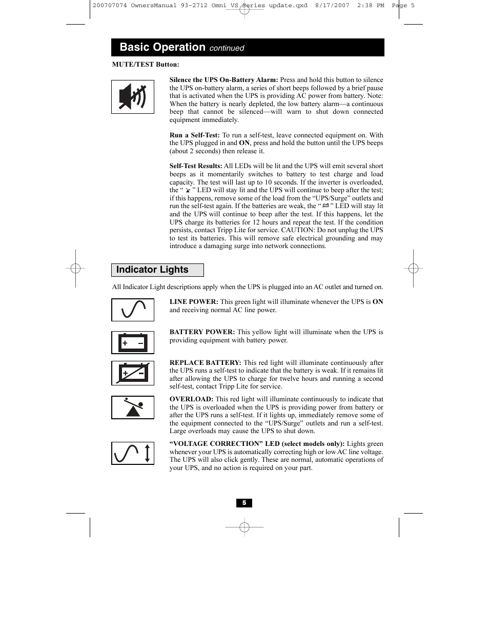 Basic operation, Indicator lights | Tripp Lite Omni VS UPS Systems OMNIVS1500 User Manual | Page 5 / 24