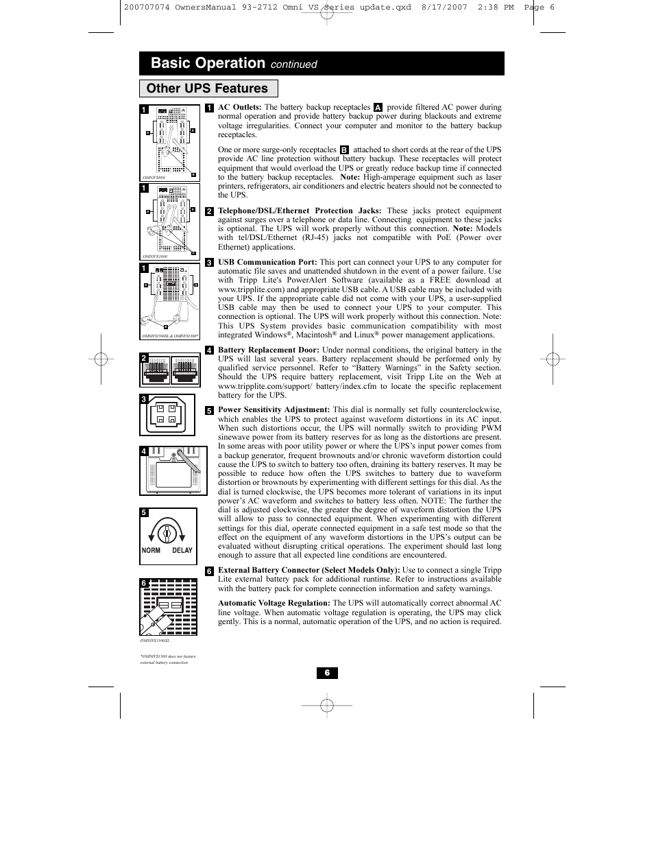 Basic operation, Other ups features, Continued | Norm delay | Tripp Lite Omni VS UPS Systems OMNIVS1500 User Manual | Page 6 / 24