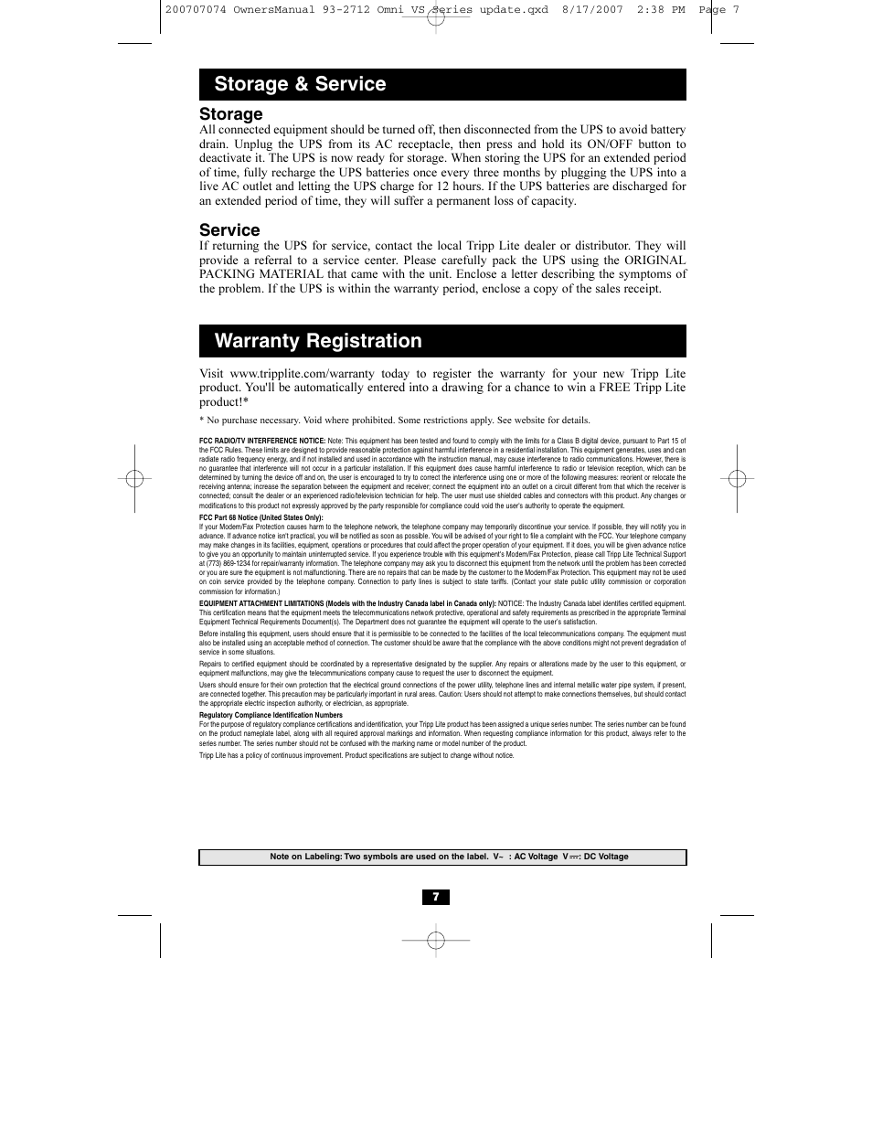 Storage & service warranty registration, Storage, Service | Tripp Lite Omni VS UPS Systems OMNIVS1500 User Manual | Page 7 / 24