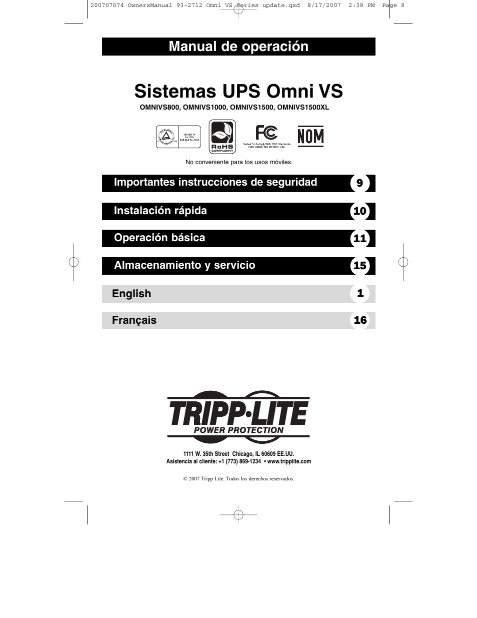 Sistemas ups omni vs, Manual de operación | Tripp Lite Omni VS UPS Systems OMNIVS1500 User Manual | Page 8 / 24