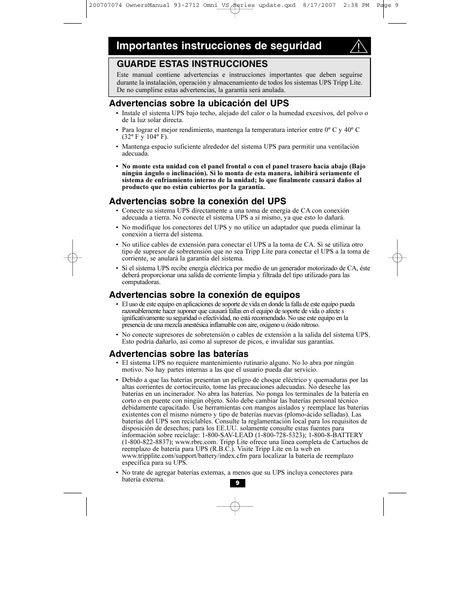 Importantes instrucciones de seguridad | Tripp Lite Omni VS UPS Systems OMNIVS1500 User Manual | Page 9 / 24