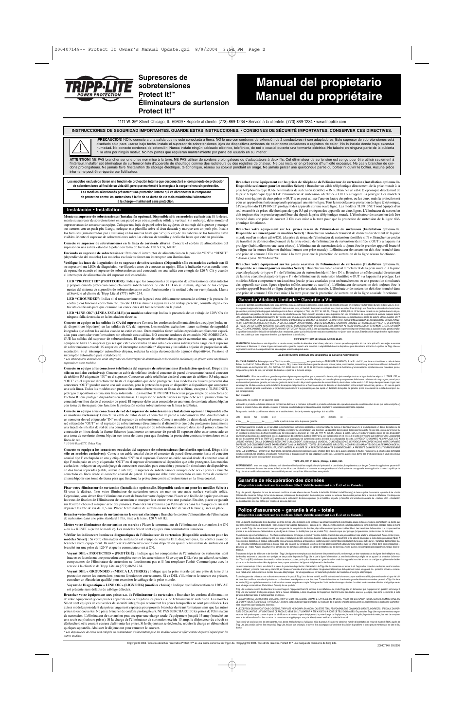 Manual del propietario manuel du propriétaire, Supresores de sobretensiones protect it, Éliminateurs de surtension protect it | Tripp Lite Protect It! 93-2276 User Manual | Page 2 / 3