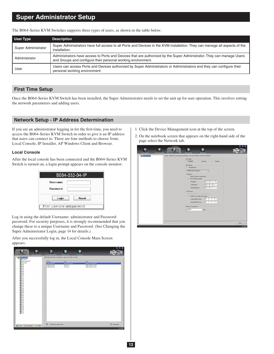 Super administrator setup | Tripp Lite NETDIRECTOR B064-016-04-IP User Manual | Page 12 / 72
