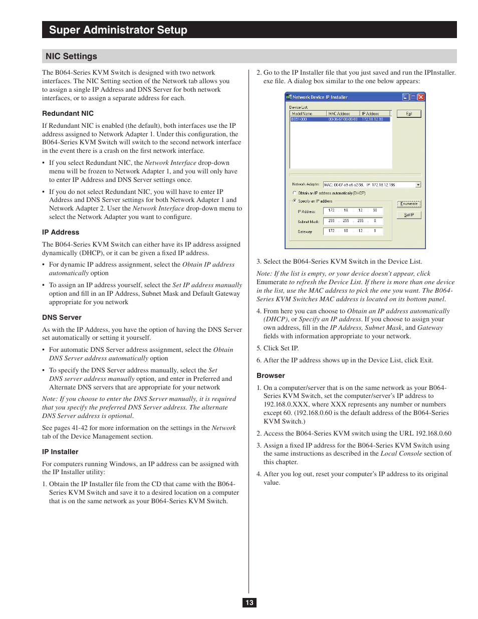 Nic settings, Super administrator setup | Tripp Lite NETDIRECTOR B064-016-04-IP User Manual | Page 13 / 72