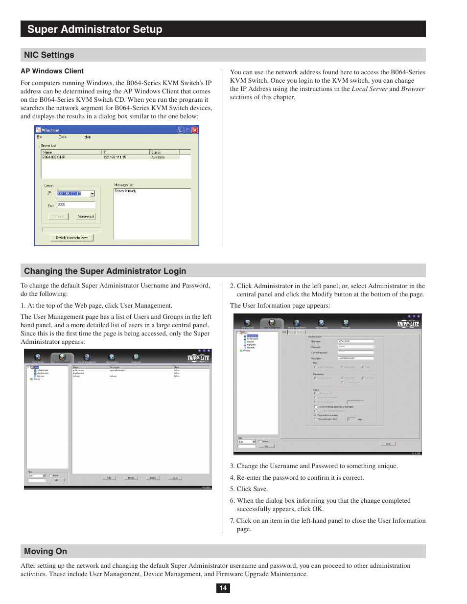Changing the super administrator login moving on, Super administrator setup | Tripp Lite NETDIRECTOR B064-016-04-IP User Manual | Page 14 / 72