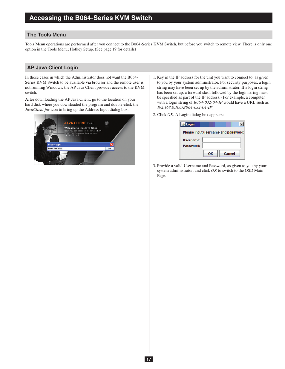 The tools menu ap java client login, Accessing the b064-series kvm switch | Tripp Lite NETDIRECTOR B064-016-04-IP User Manual | Page 17 / 72