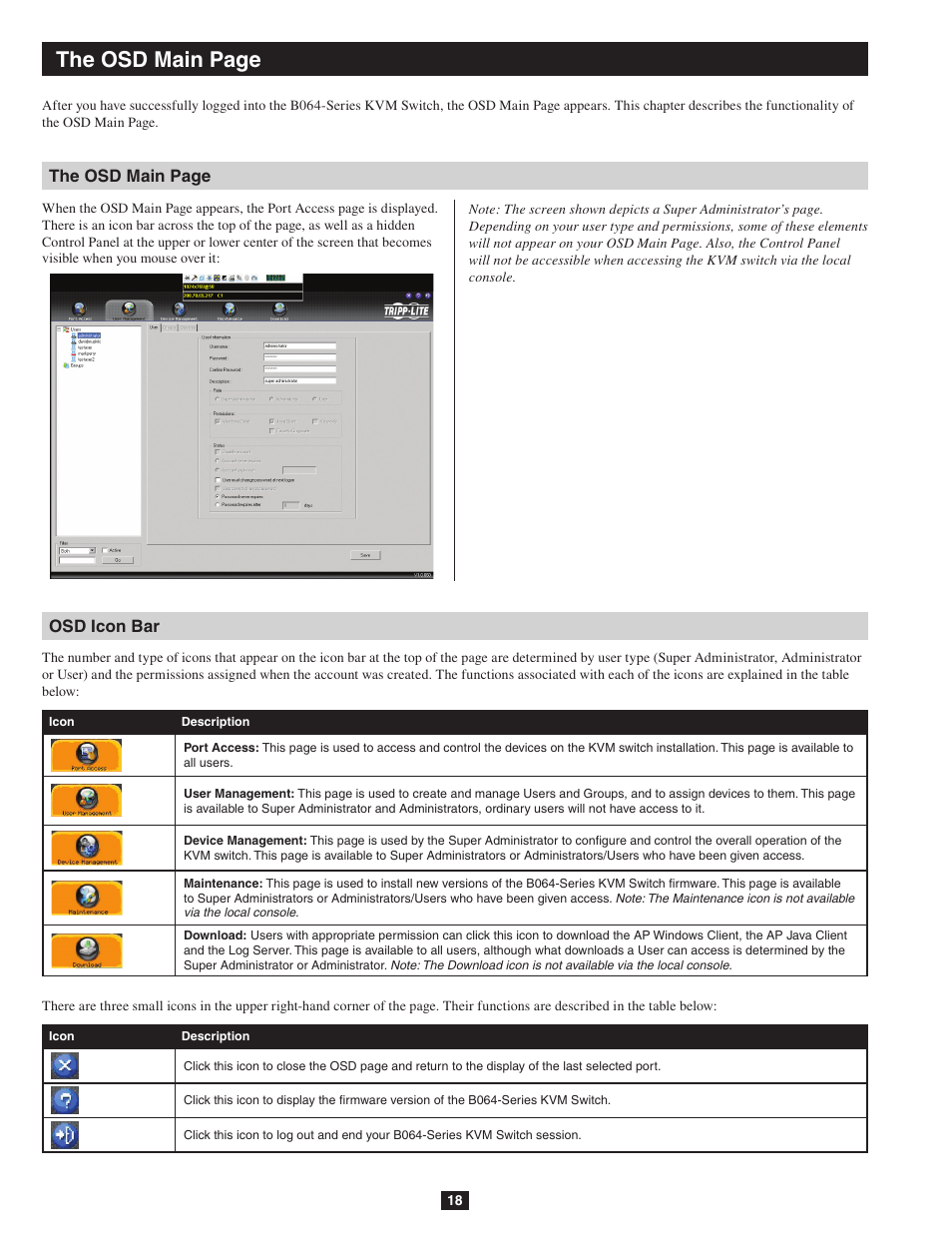 The osd main page, The osd main page osd icon bar | Tripp Lite NETDIRECTOR B064-016-04-IP User Manual | Page 18 / 72