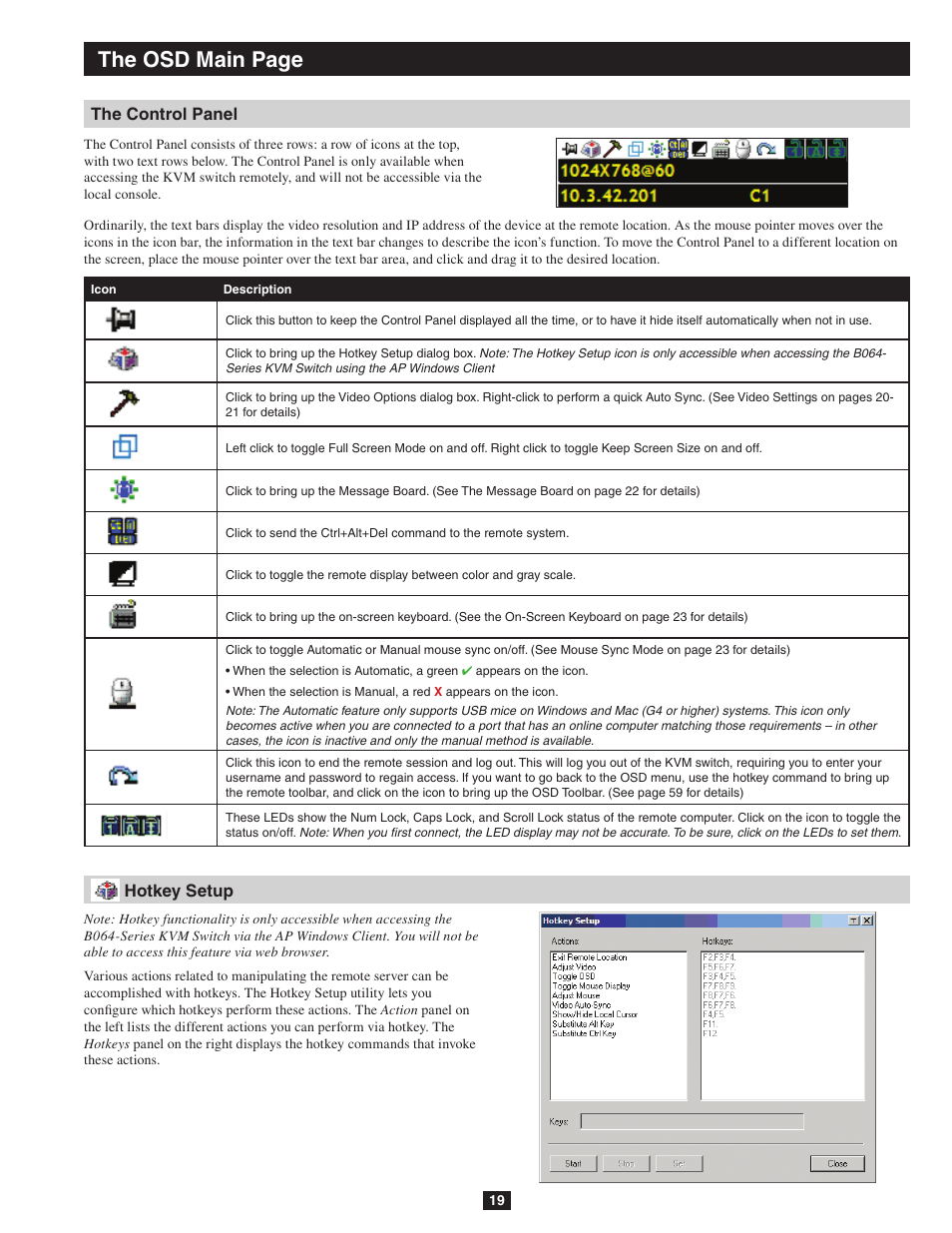 The control panel hotkey setup, The osd main page, The control panel | Hotkey setup | Tripp Lite NETDIRECTOR B064-016-04-IP User Manual | Page 19 / 72
