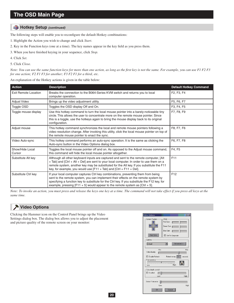 Video options, The osd main page, Hotkey setup | Tripp Lite NETDIRECTOR B064-016-04-IP User Manual | Page 20 / 72