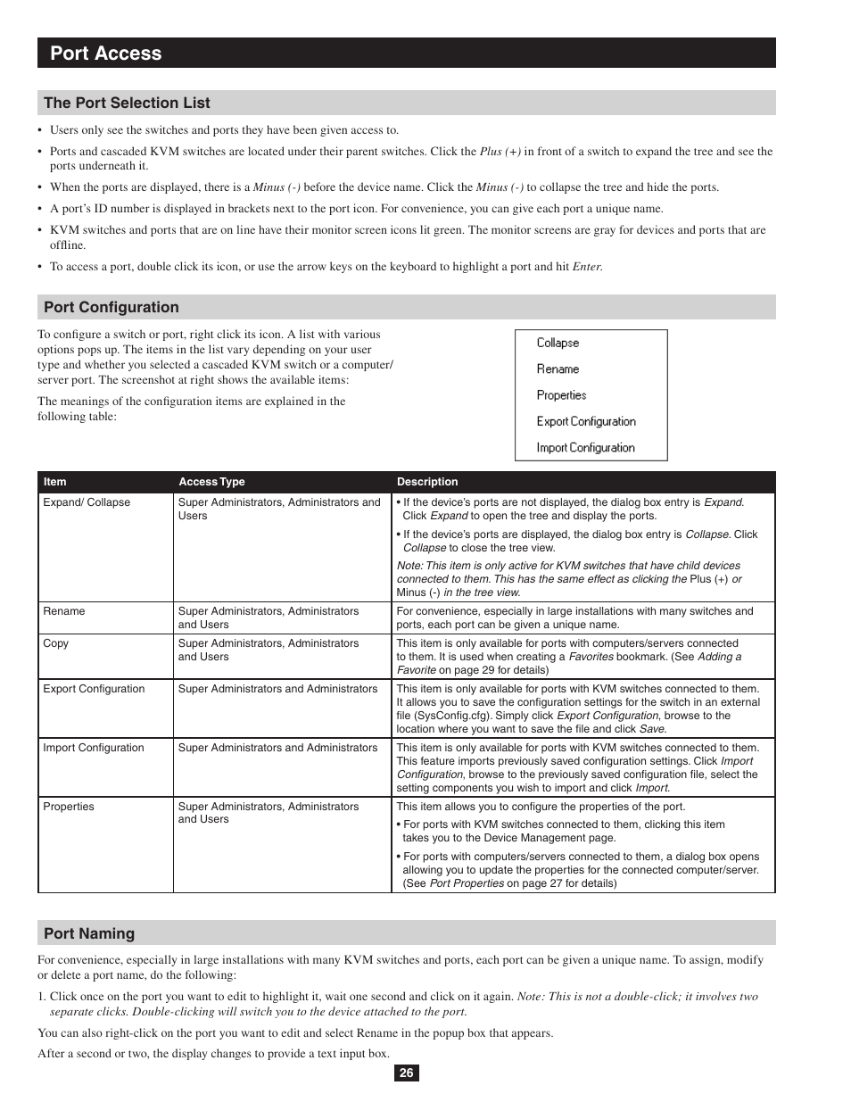 Port configuration port naming, Port access, The port selection list | Tripp Lite NETDIRECTOR B064-016-04-IP User Manual | Page 26 / 72