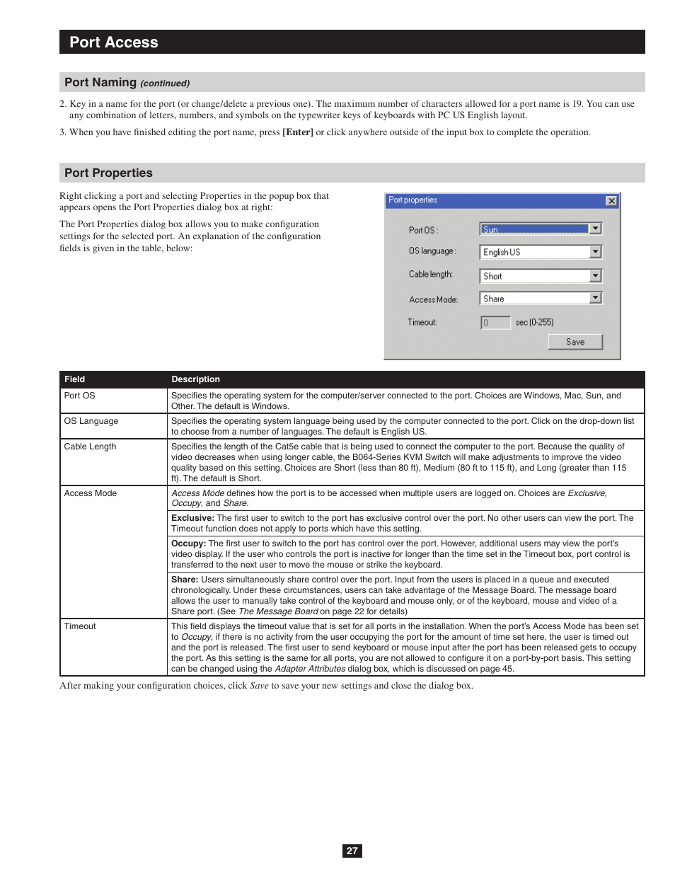 Port properties, Port access, Port naming | Tripp Lite NETDIRECTOR B064-016-04-IP User Manual | Page 27 / 72