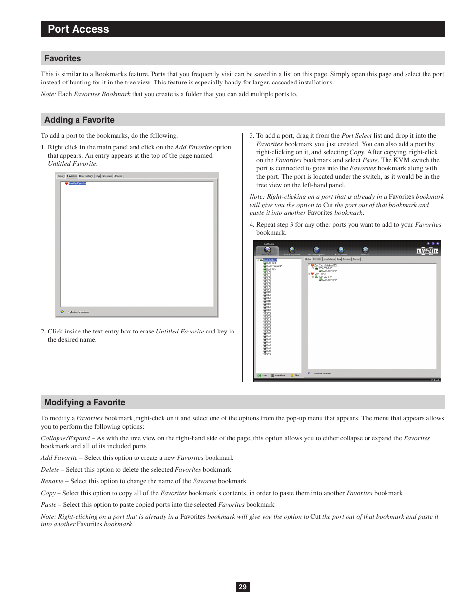 Favorites adding a favorite modifying a favorite, Port access | Tripp Lite NETDIRECTOR B064-016-04-IP User Manual | Page 29 / 72