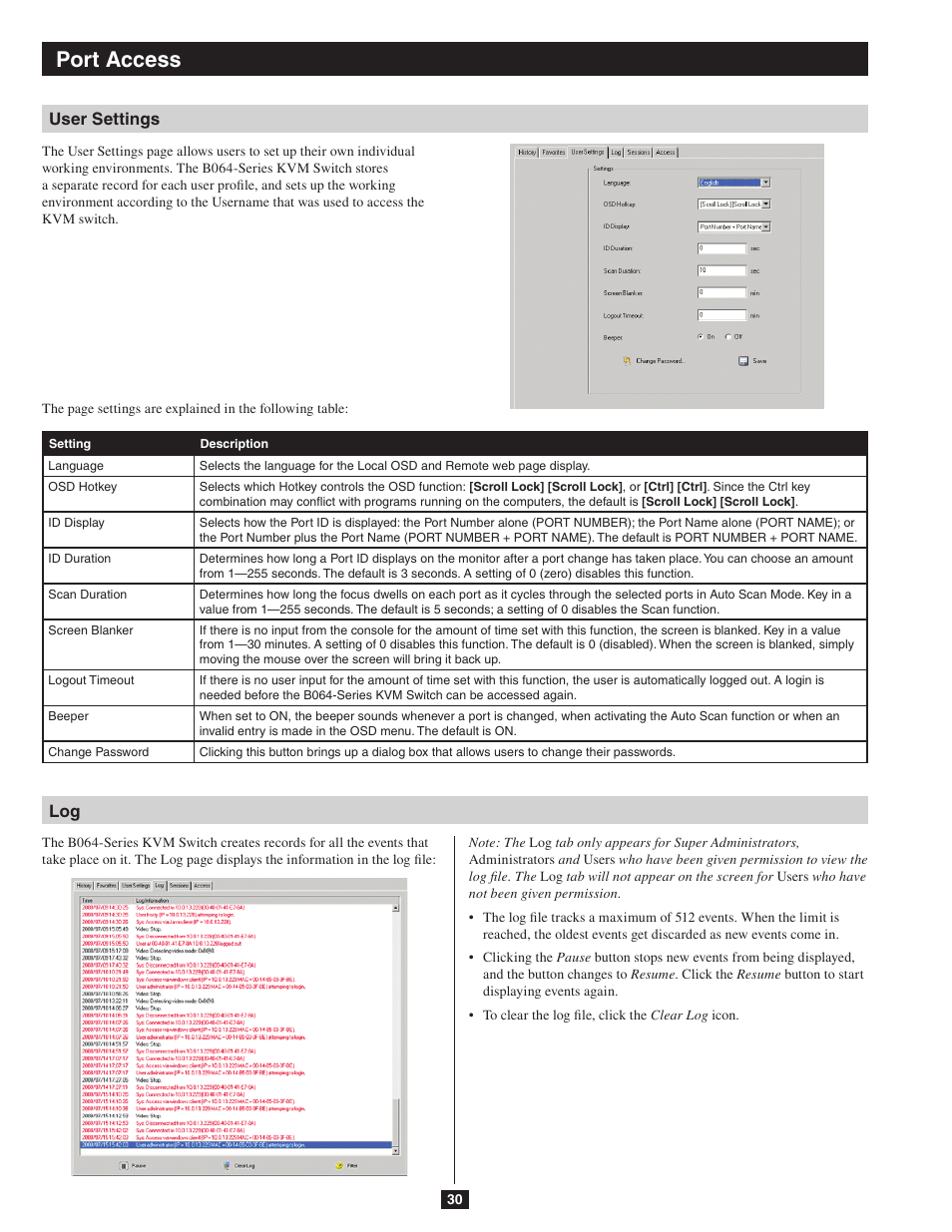 User settings log, Port access | Tripp Lite NETDIRECTOR B064-016-04-IP User Manual | Page 30 / 72