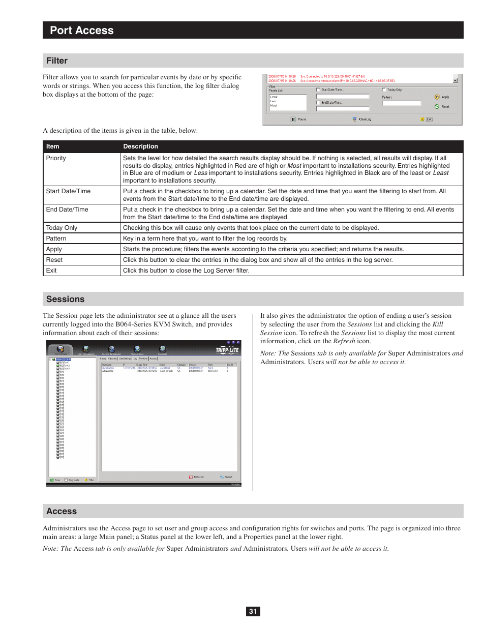 Filter sessions access, Port access | Tripp Lite NETDIRECTOR B064-016-04-IP User Manual | Page 31 / 72