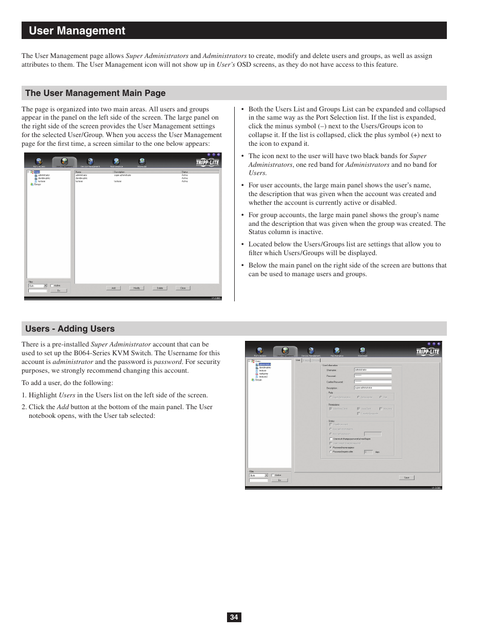 User management | Tripp Lite NETDIRECTOR B064-016-04-IP User Manual | Page 34 / 72
