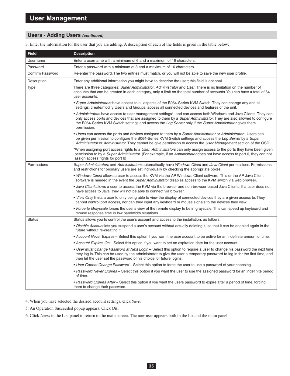 User management, Users - adding users | Tripp Lite NETDIRECTOR B064-016-04-IP User Manual | Page 35 / 72