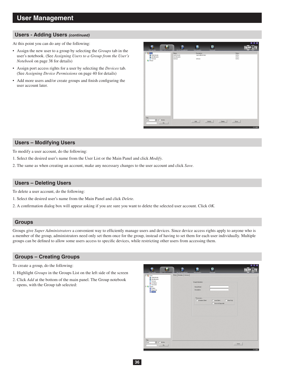 User management | Tripp Lite NETDIRECTOR B064-016-04-IP User Manual | Page 36 / 72