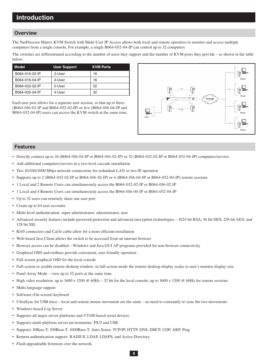 Introduction overview features, Introduction | Tripp Lite NETDIRECTOR B064-016-04-IP User Manual | Page 4 / 72