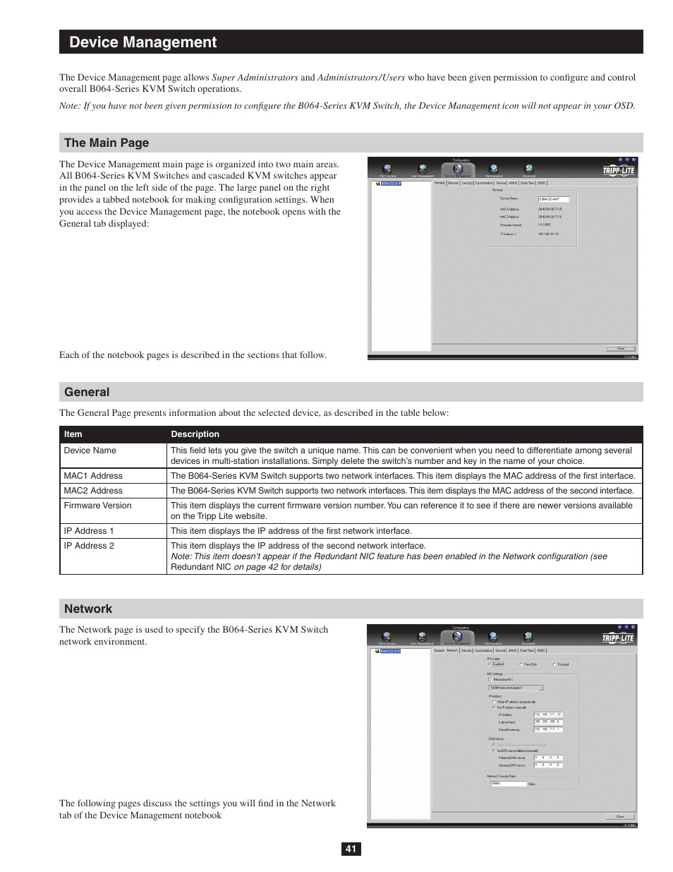 Device management, The main page general network | Tripp Lite NETDIRECTOR B064-016-04-IP User Manual | Page 41 / 72