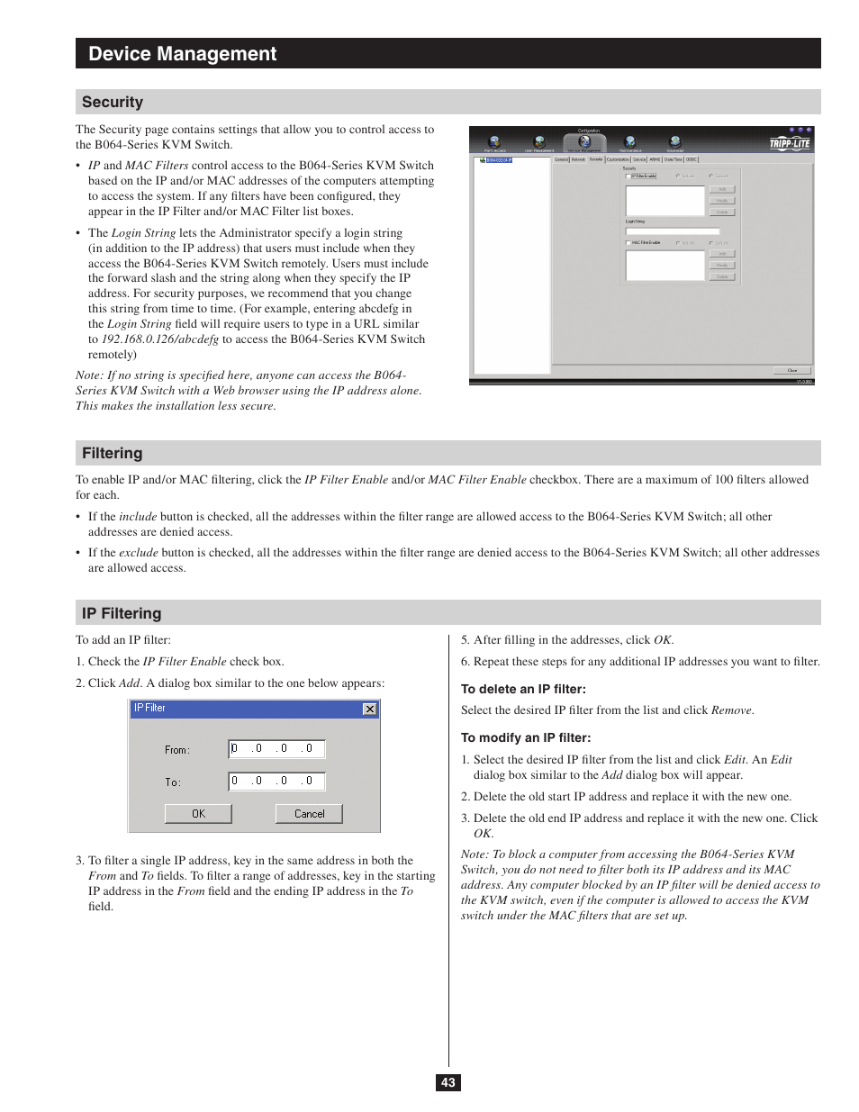 Security filtering ip filtering, Device management | Tripp Lite NETDIRECTOR B064-016-04-IP User Manual | Page 43 / 72
