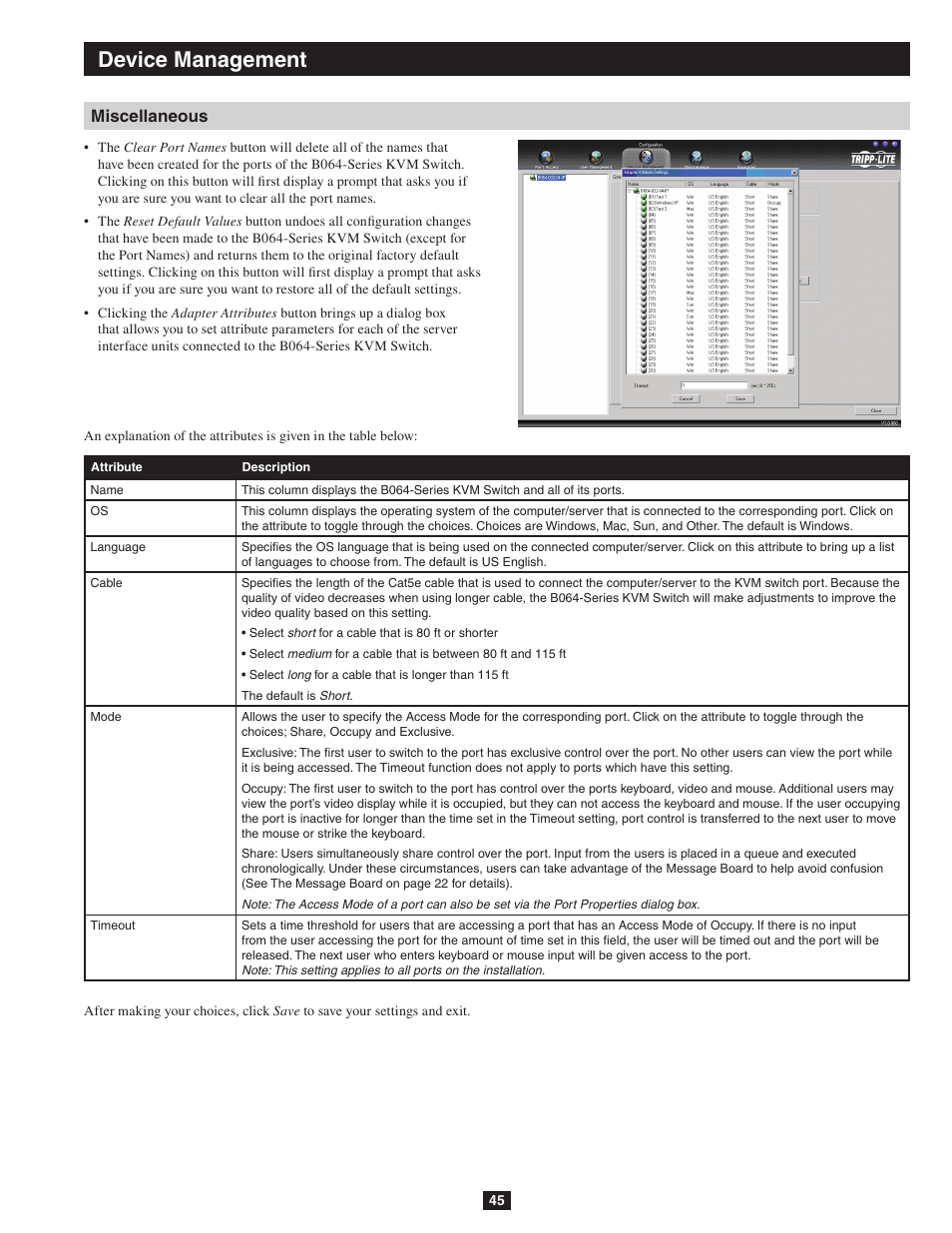 Miscellaneous, Device management | Tripp Lite NETDIRECTOR B064-016-04-IP User Manual | Page 45 / 72