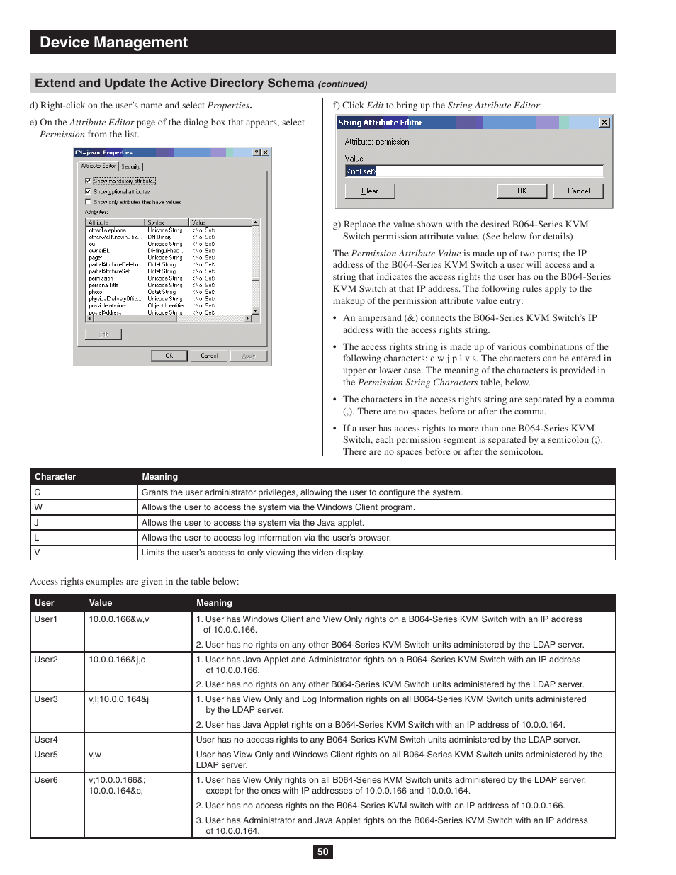 Device management, Extend and update the active directory schema | Tripp Lite NETDIRECTOR B064-016-04-IP User Manual | Page 50 / 72