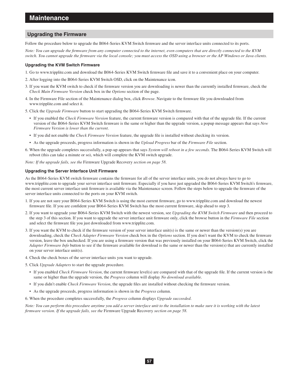 Upgrading the firmware, Maintenance | Tripp Lite NETDIRECTOR B064-016-04-IP User Manual | Page 57 / 72