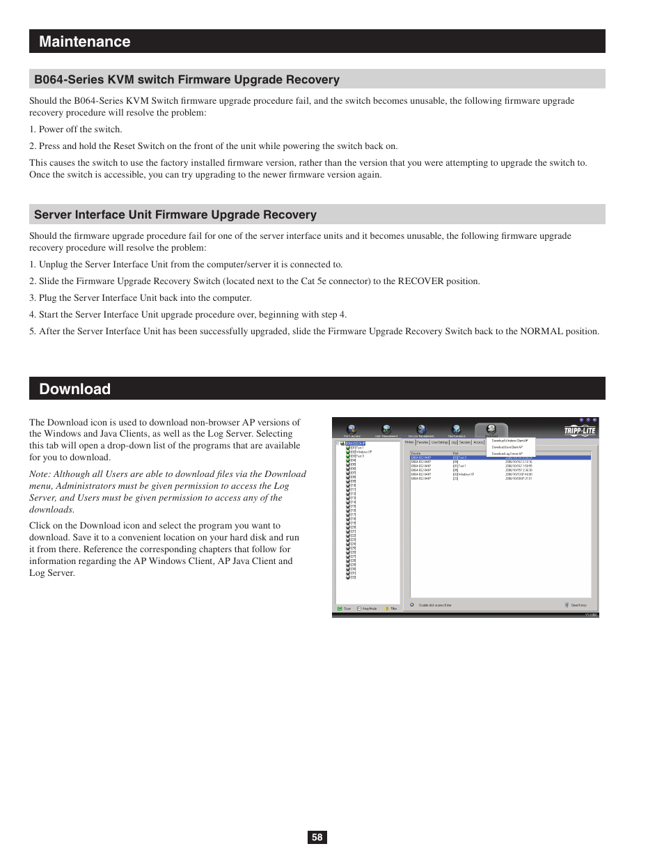 Download, Maintenance download | Tripp Lite NETDIRECTOR B064-016-04-IP User Manual | Page 58 / 72