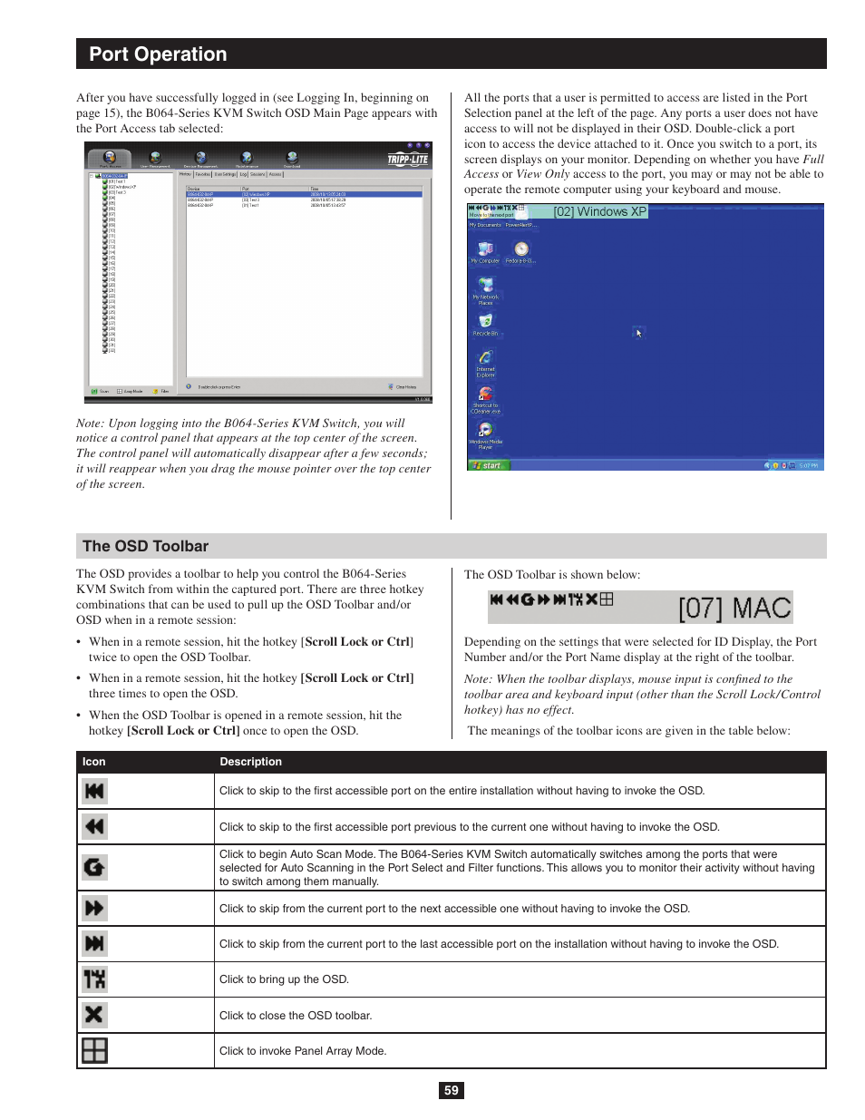 Port operation the osd toolbar, Port operation | Tripp Lite NETDIRECTOR B064-016-04-IP User Manual | Page 59 / 72