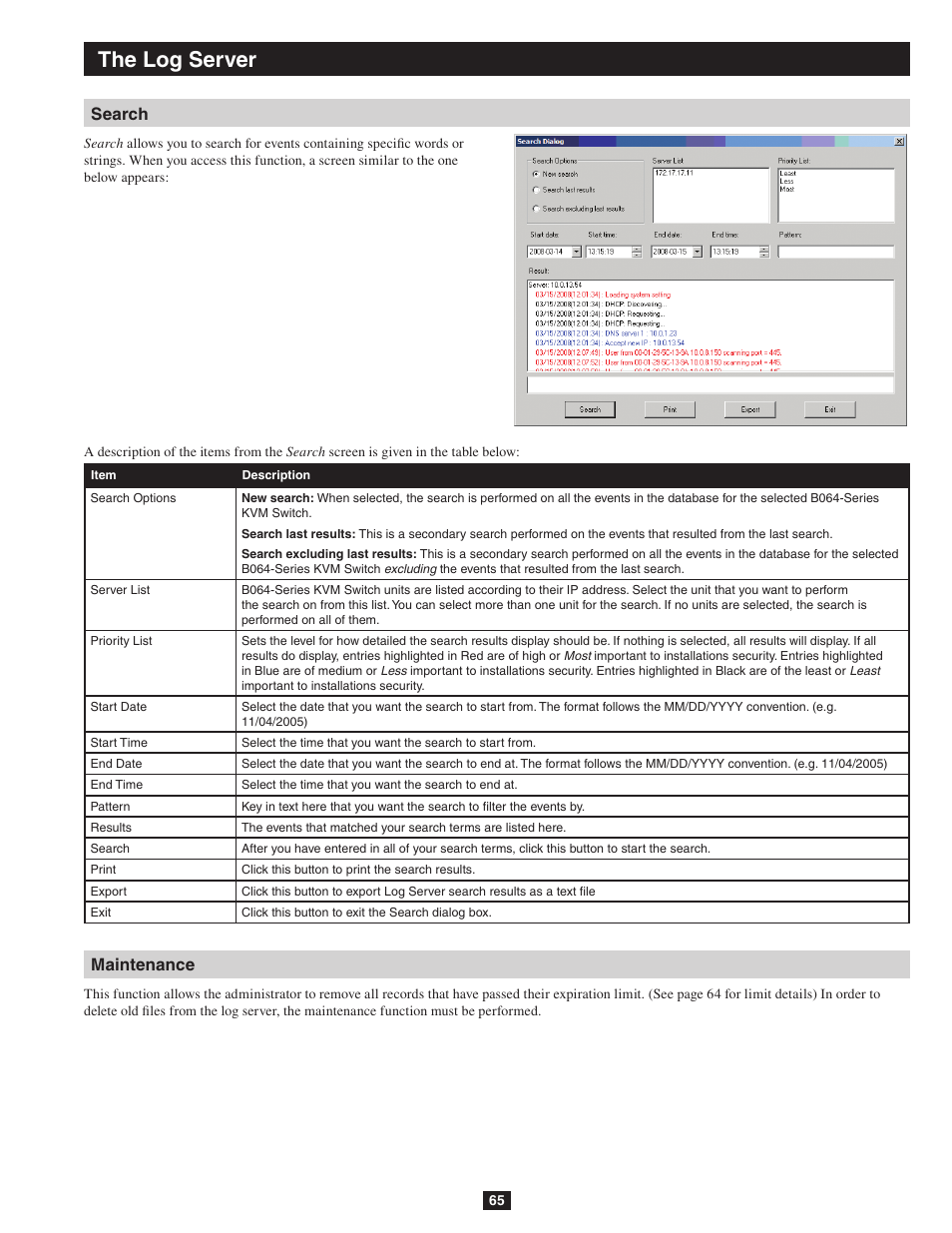Search maintenance, The log server, Maintenance search | Tripp Lite NETDIRECTOR B064-016-04-IP User Manual | Page 65 / 72